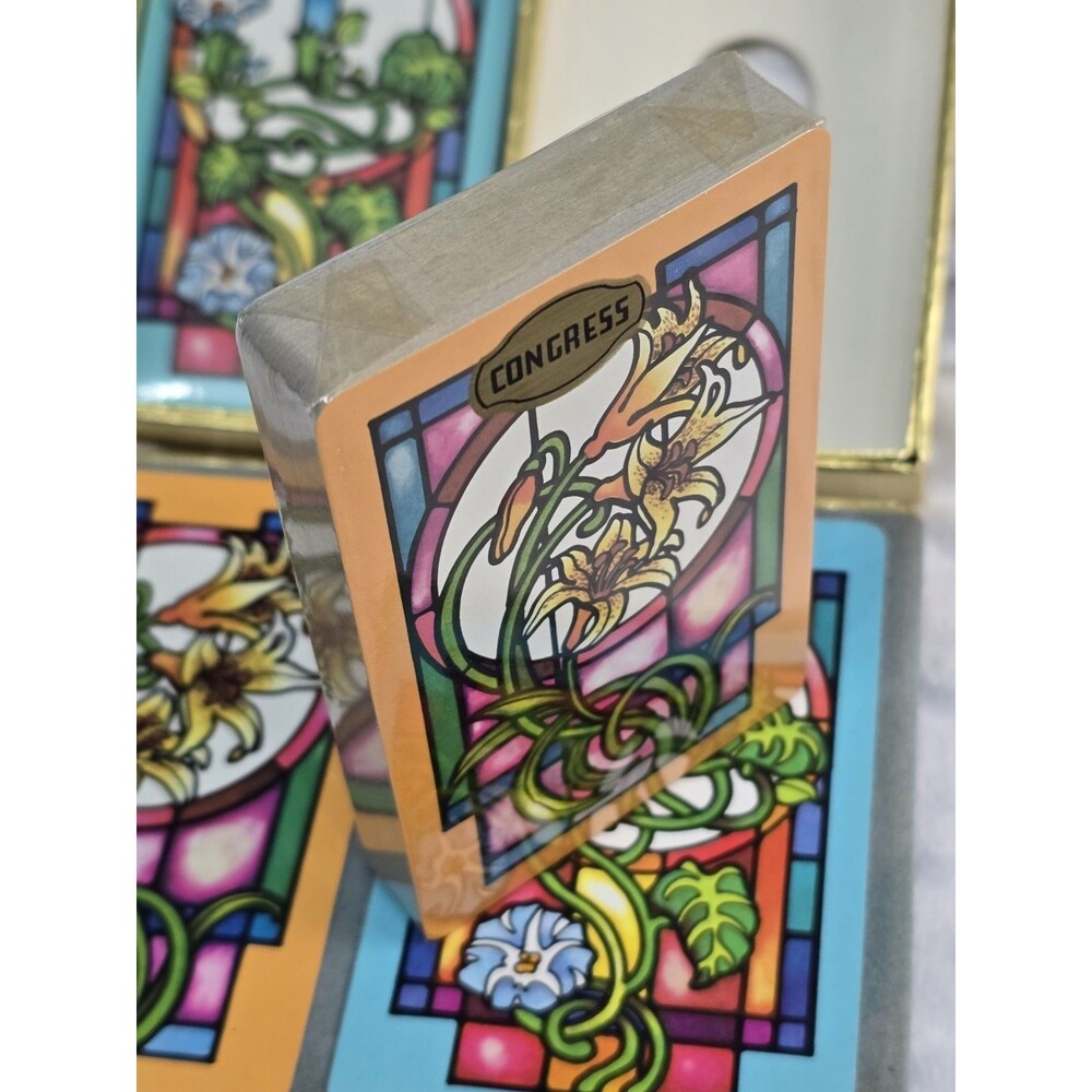 Vintage Congress Playing Cards Stained Glass Windows  Cel-U-Tone New In Box Seal - Picture 6 of 9